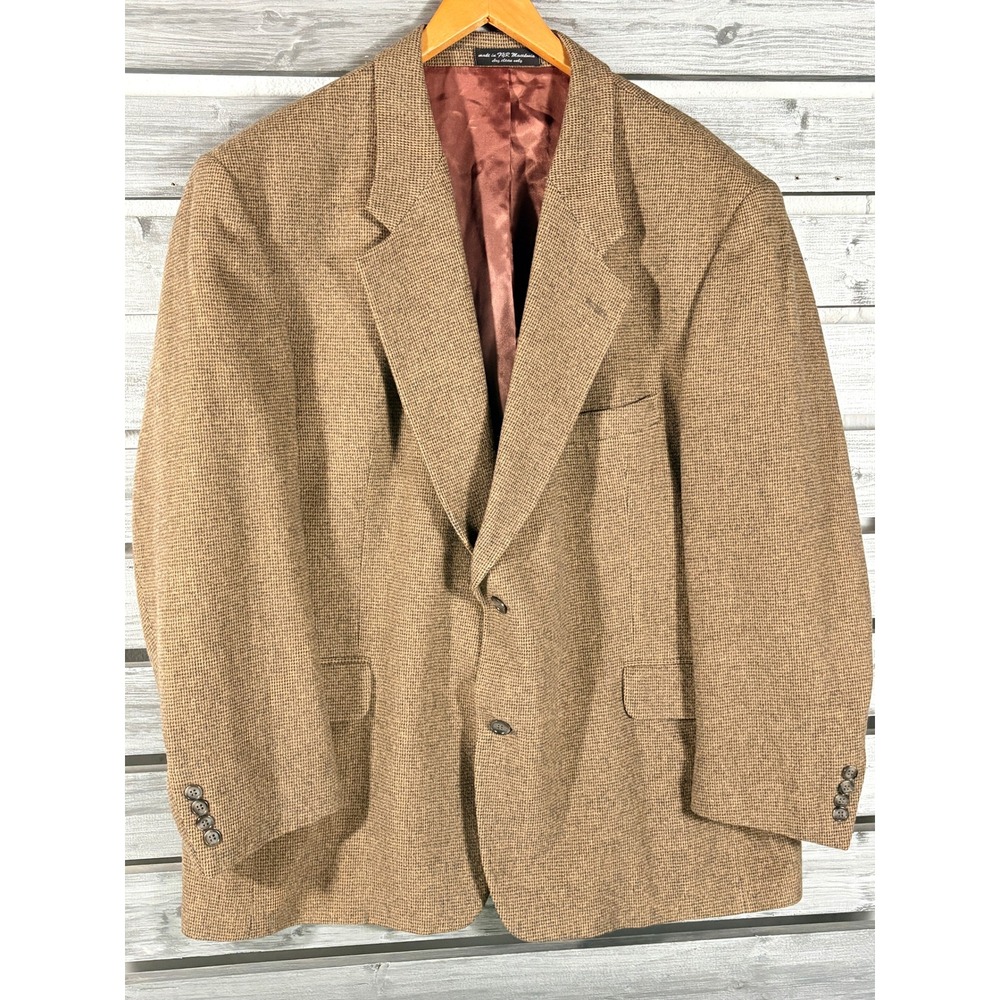 Vtg Chereskin Mens Camel Hair Wool Blend Blazer Houndstooth Woven in Italy 48R